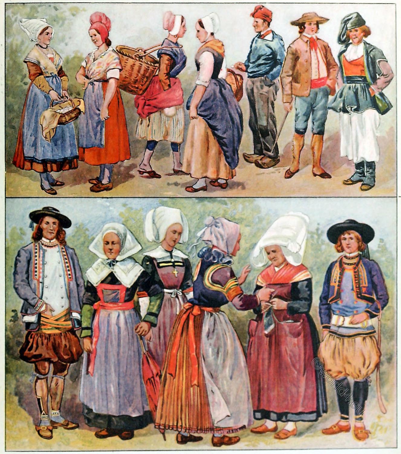Folk costumes from the different regions of France. 19th Century.