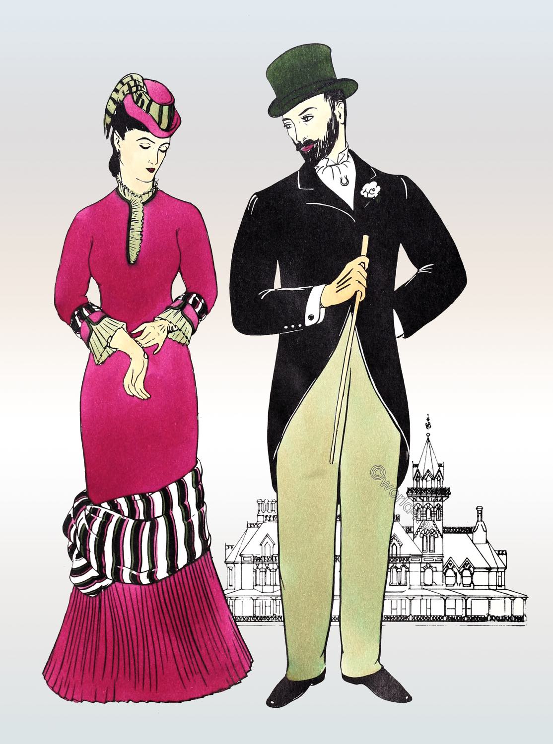 England 1880's men's and milady's fashion. Late Victorian costumes.