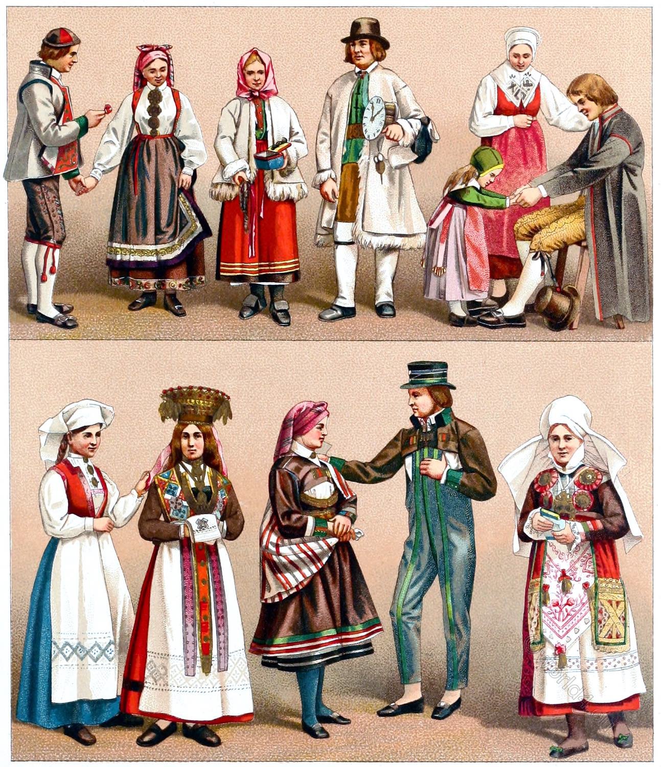 Swedish Costumes of Country People. Norwegian Wedding Costumes.