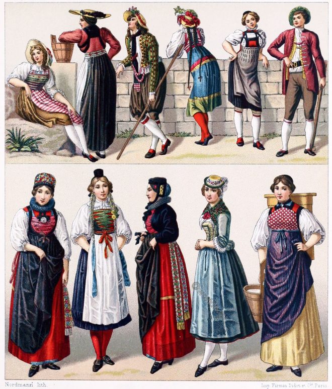 Swiss, folk, costumes,Lucerne, Fribourg, Zug, Bern, Schwyz, Schaffhausen