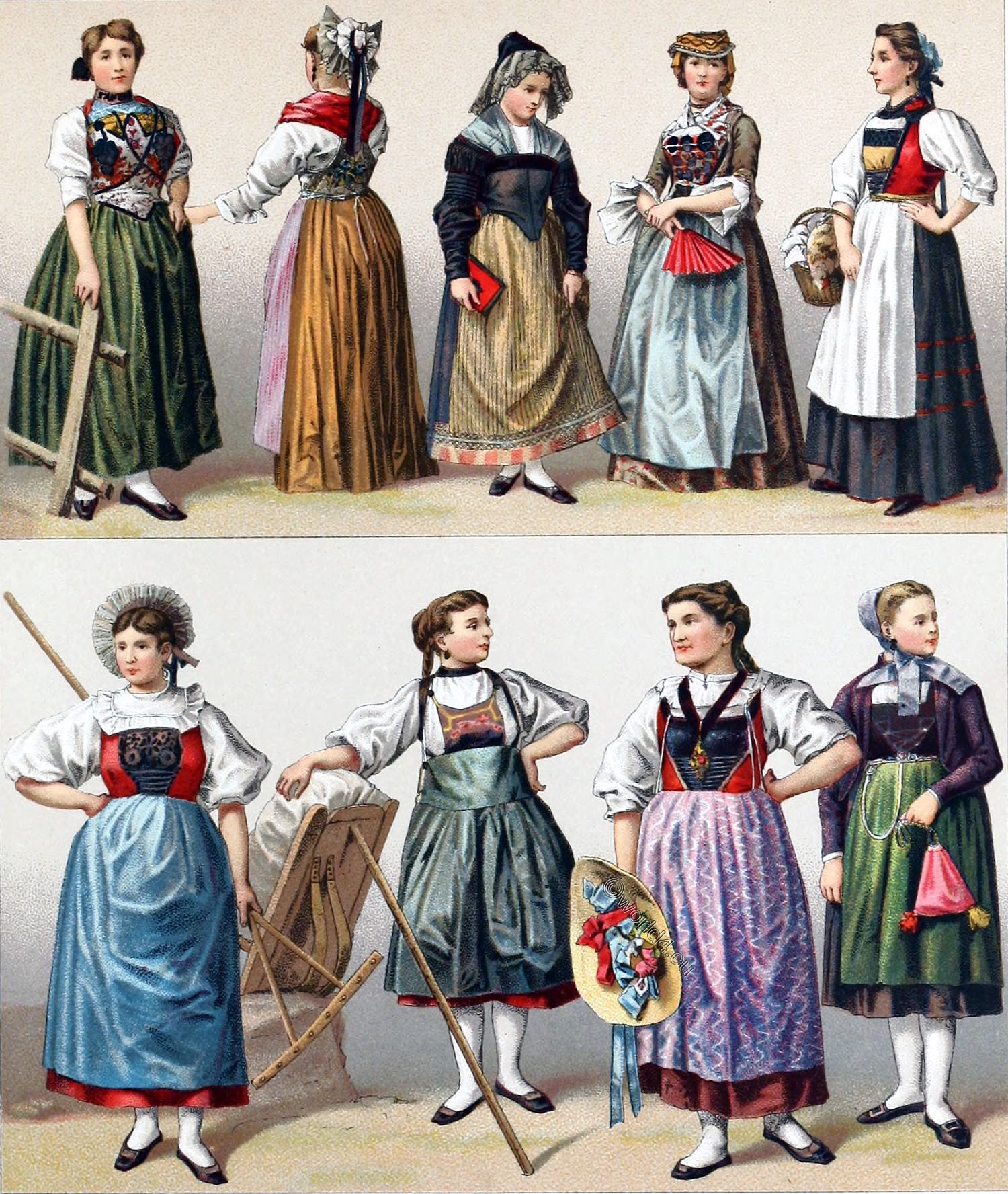 Women's costumes from the Swiss cantons at the end of the 19th century.