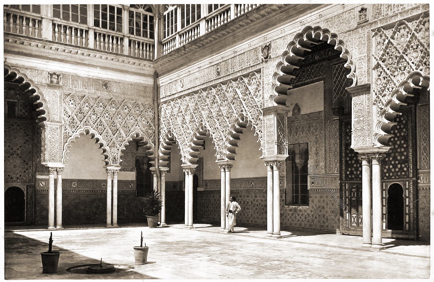 Alcázar, Courtyard, Seville, Architecture, Moorish,