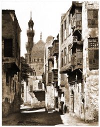 Oriental street in the Egyptian capital Cairo with the Al Azhar Mosque.