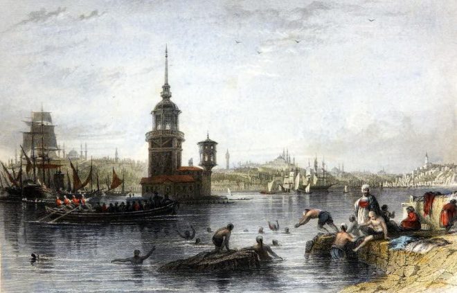 Kız Kulesi, Thomas Allom, Maiden's, Leander, Tower, Istanbul, Bosporus,