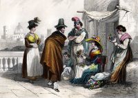 Bouquetières. Flower seller in Florence. Journey through Italy, 1840.