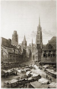 Rouen. Market Scene at Place de la Haute-Vieille-Tour. France 1819.