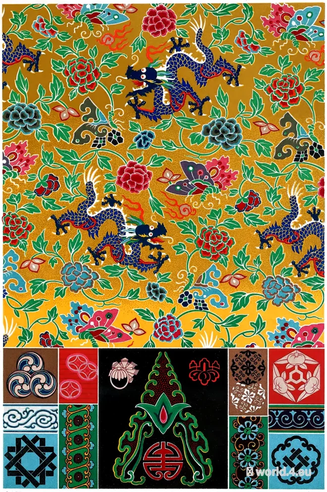 Auguste Racinet, Chinese, Japanese, Art, Ornaments, Silks, Flowing, Patterns,