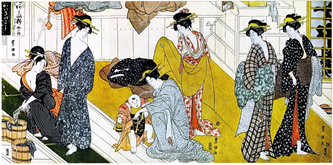 Triptych, bath-house, Utagawa Toyokuni, ukiyo-e, woodblock printing, Japan,