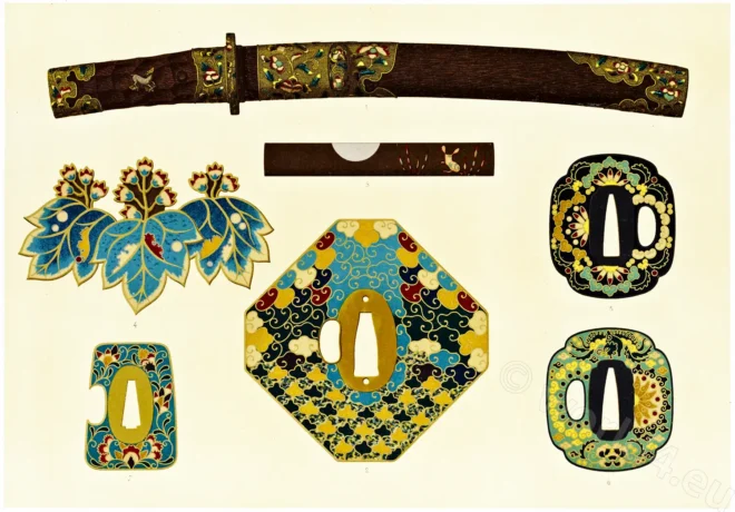 Champlevé, Cloisonne, enamel, Japan, dagger, kodzuka, tsuba, tan-to, kiri, sword guard